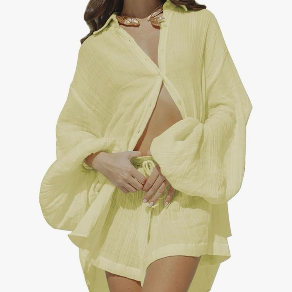 Tan Button-Up Shirt and Shorts Set (model pic-exact set/diff color)